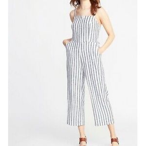 Old Navy Linen Blue and White Striped Jumpsuit